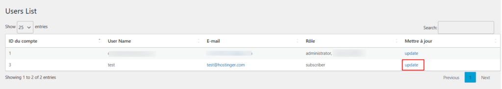 Liste des noms d'utilisateur dans le plugin Username Updater
