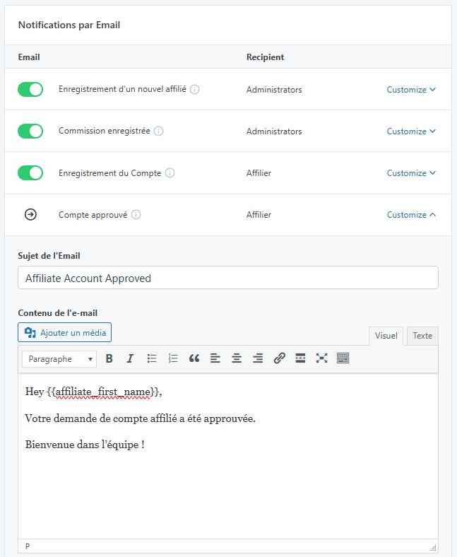 La section de personnalisation du message de notification par e-mail dans les paramètres de SliceWP