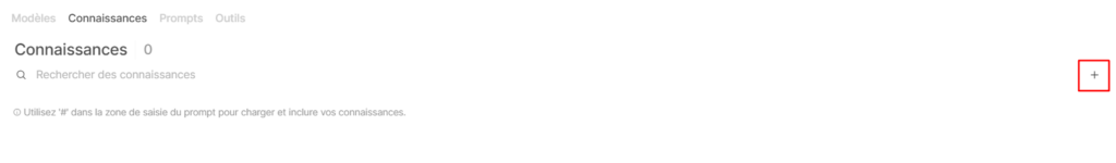 Le bouton + dans l'onglet Connaissances de la zone de travail de l'interface utilisateur Web ouverte