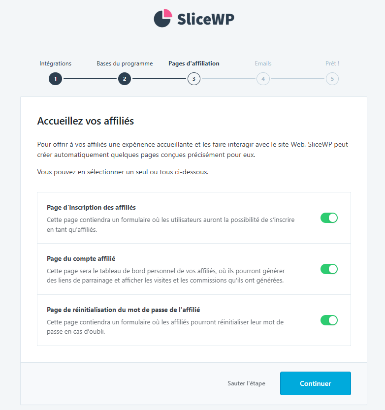 La page de création des pages d'affiliation de l'assistant de configuration initiale de SliceWP