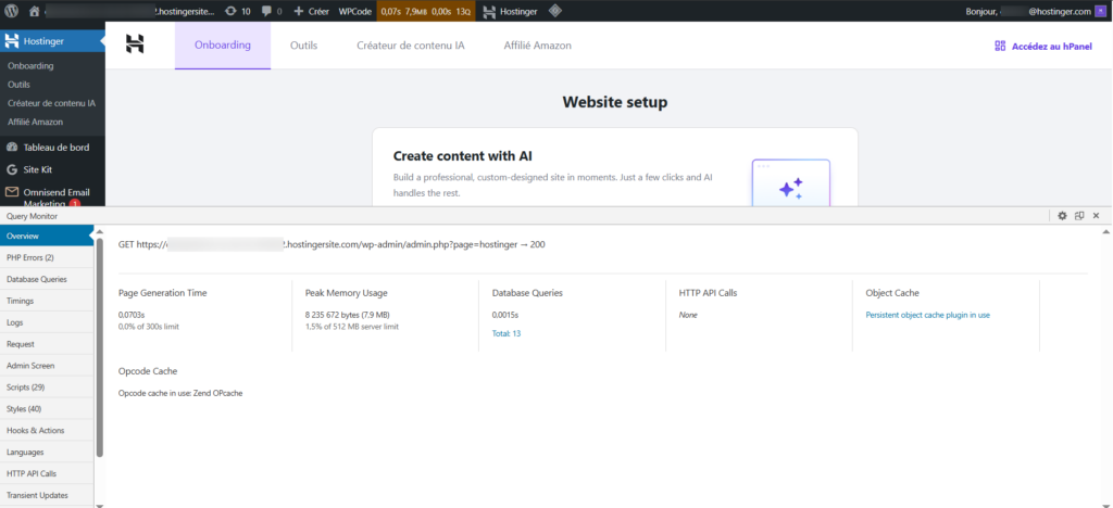 Interface utilisateur du plugin Query Monitor dans le tableau de bord d'administration WordPress