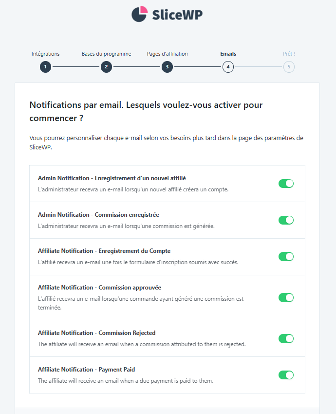 La page de configuration des notifications par e-mail de l'assistant de configuration initiale de SliceWP