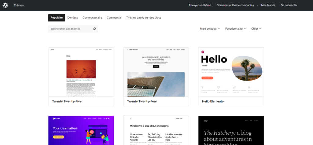 Page des thèmes WordPress