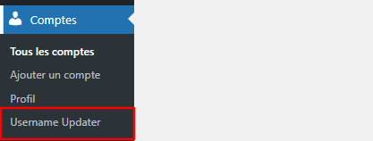 Menu Username Updater dans le tableau de bord WordPress