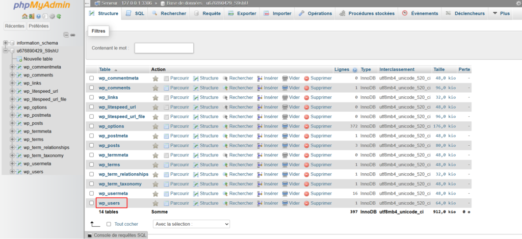 Tableau de base de données dans le tableau de bord phpMyAdmin