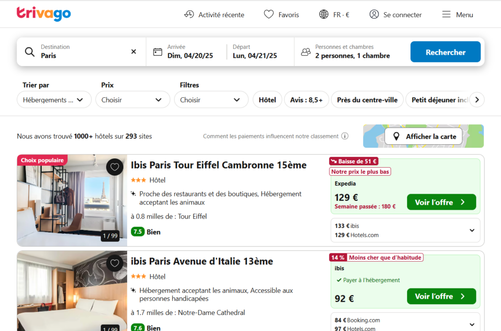 Recherche d'hôtels sur Trivago qui affiche les résultats grâce à des partenariats d'affiliation avec des plateformes de réservation.