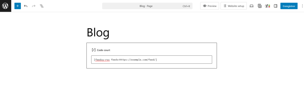 &Eacute;diteur de blocs WordPress affichant le bloc Code court
