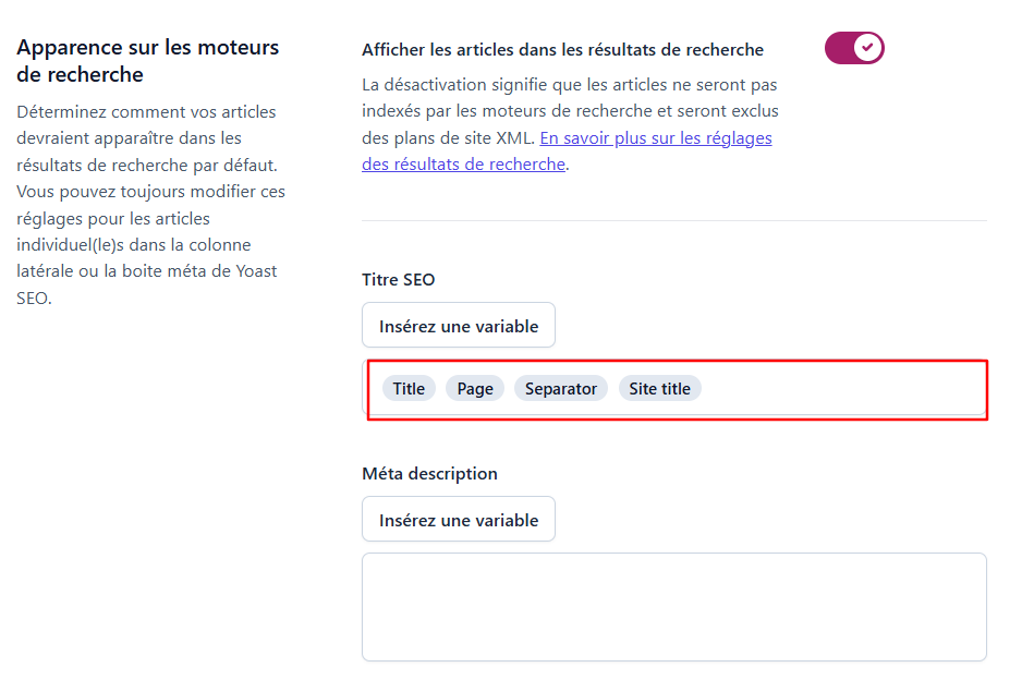 Param&egrave;tres de publication pour le titre SEO