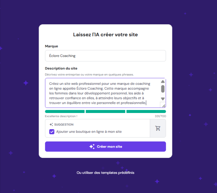 Exemple de boîte de prompt du créateur de site web Hostinger IA pour un coach en ligne
