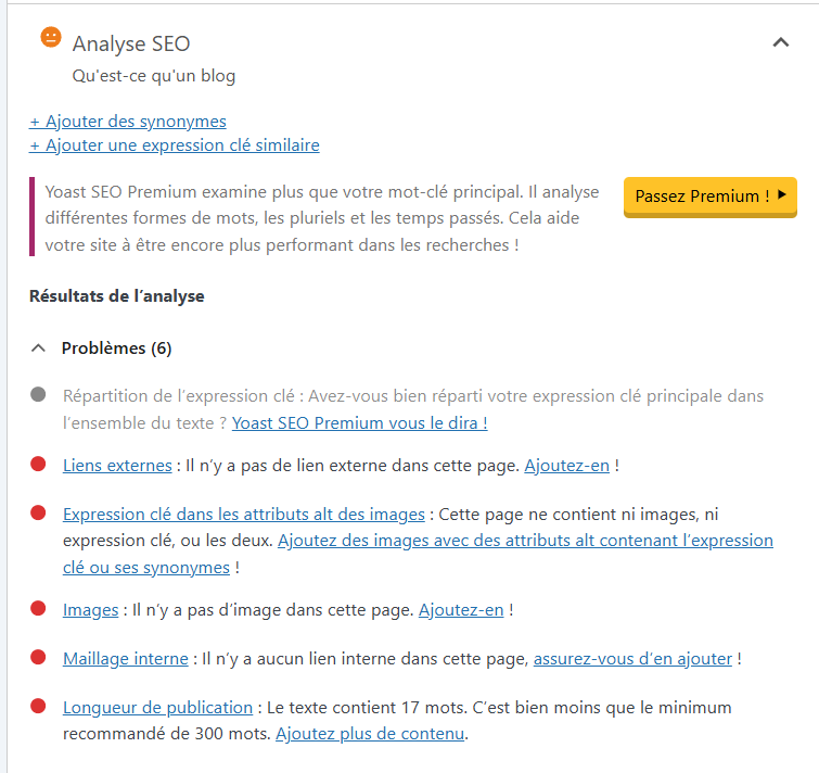 Analyse SEO Yoast et probl&egrave;mes &agrave; r&eacute;soudre