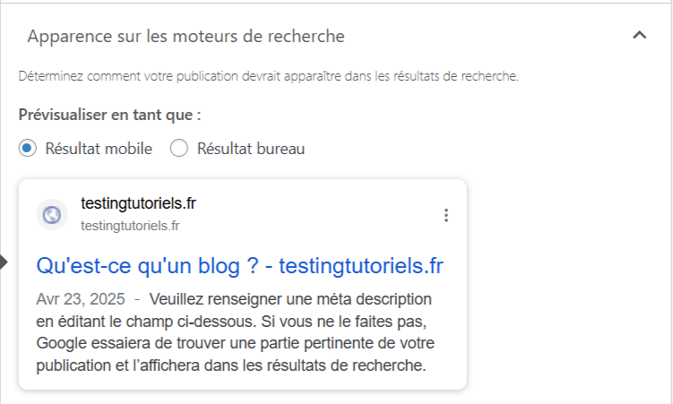 Aper&ccedil;u Google du titre seo d'un article intitul&eacute; &laquo; Qu'est-ce qu'un blog ? &raquo;