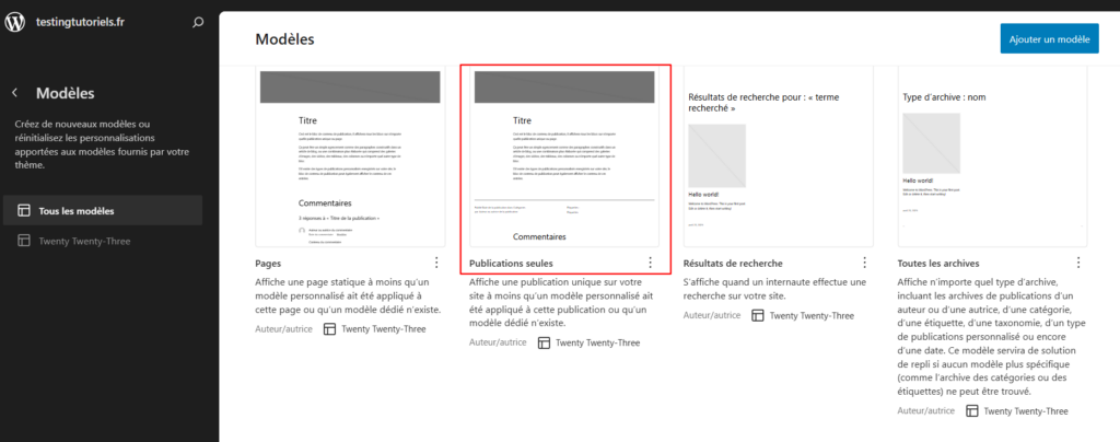 Éditeur de site WordPress affichant le modèle Publications seules