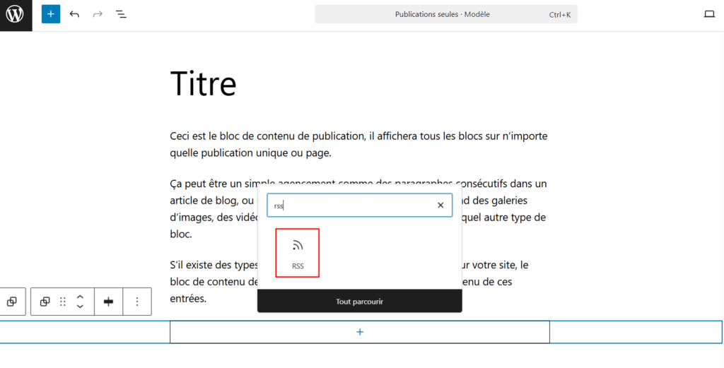 L'outil d'insertion de bloc mettant en évidence le bloc RSS