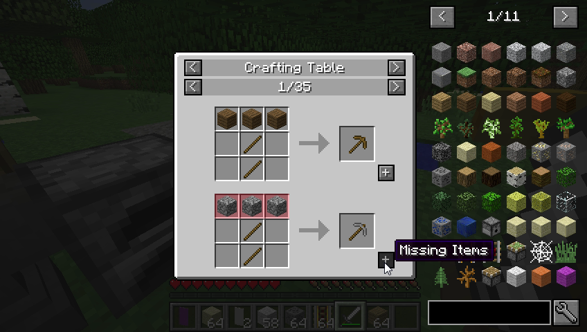 Capture d'écran de Minecraft montrant une table de craft avec les recettes disponibles