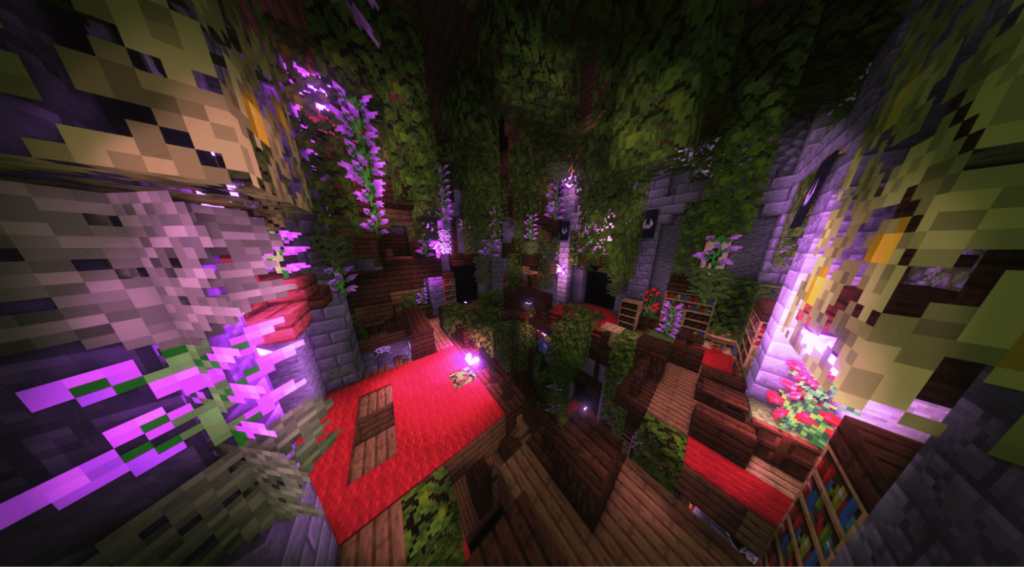 Capture d'écran de Minecraft montrant un donjon coloré