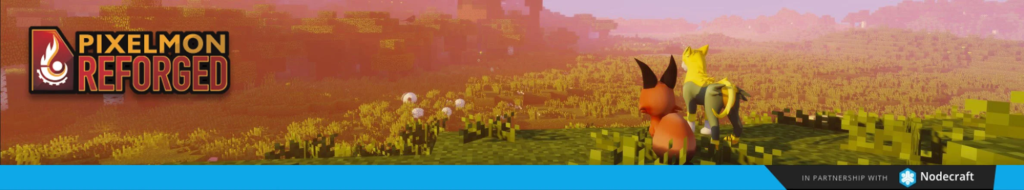 Logo « Pixelmon Reforged » et texte au-dessus d'une image représentant des créatures ressemblant à des Pokémon dans un décor Minecraft