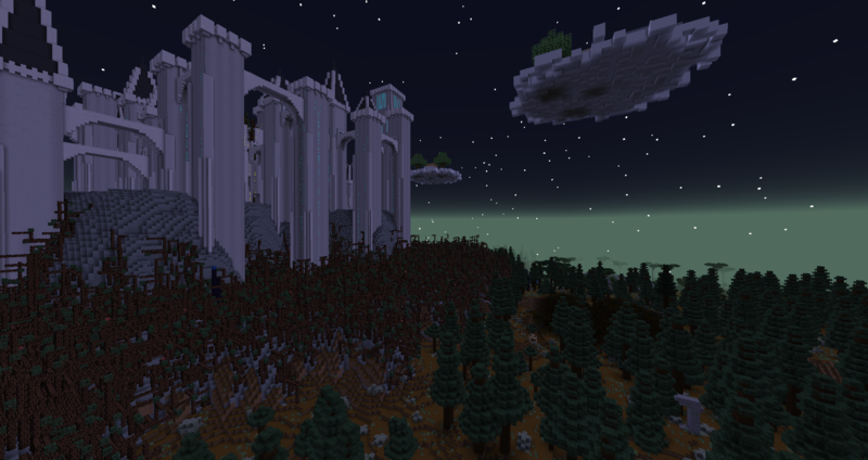 Image Minecraft d'un immense château dans un décor sombre avec un ciel crépusculaire