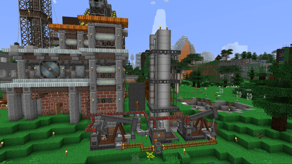 Capture d'écran de Minecraft montrant ce qui semble être un complexe industriel ou une centrale électrique