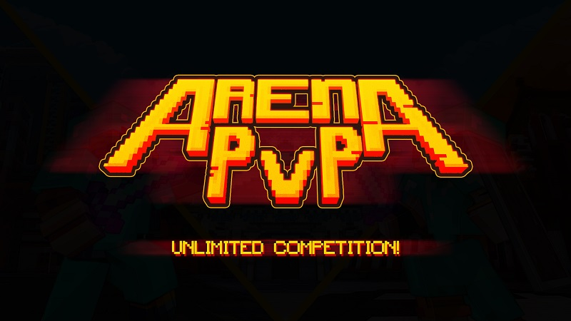 Texte orange vif « Arena PvP Unlimited Competition » sur fond noir avec une ombre rouge autour du texte