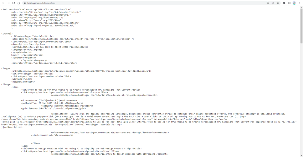 Page XML du flux RSS de Hostinger tutorials