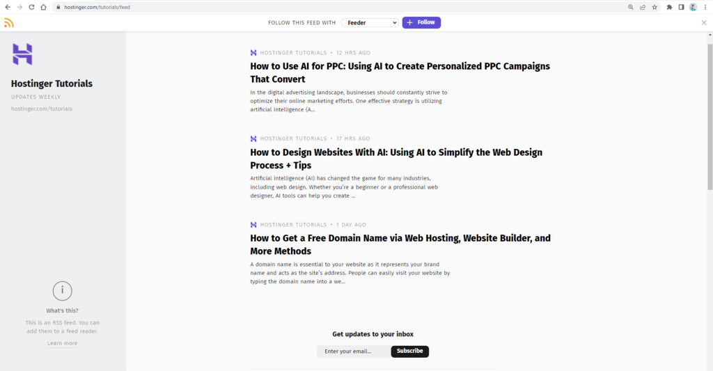 L'extension RSS Feed Reader affichant le flux RSS de Hostinger Tutorials