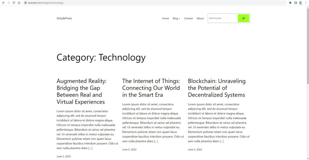 Exemple de site web présentant la page Technologie