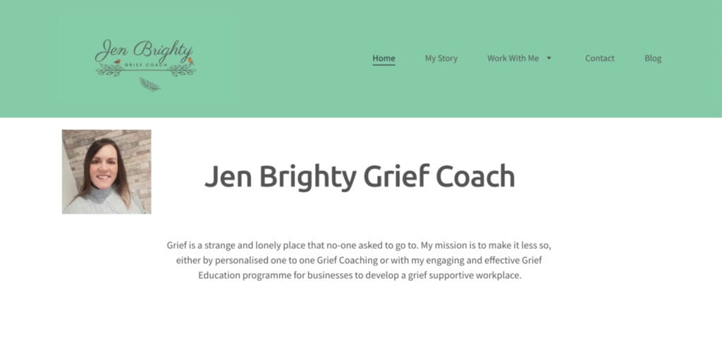 Page d'accueil de Jen Brighty, coach en deuil