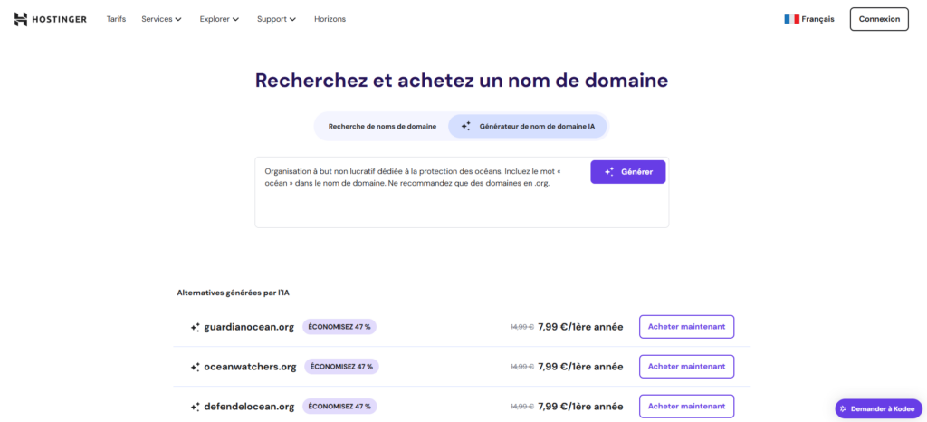 Outil de recherche de domaines aliment&eacute; par l'IA d'Hostinger