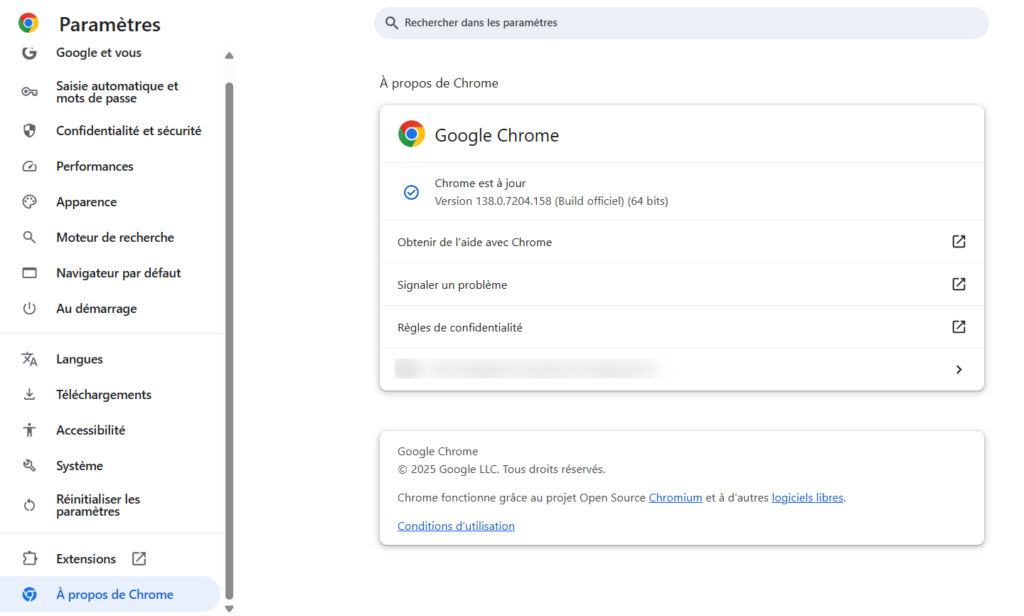 Fen&ecirc;tre &Agrave; propos de Chrome indiquant que Google Chrome est &agrave; jour.