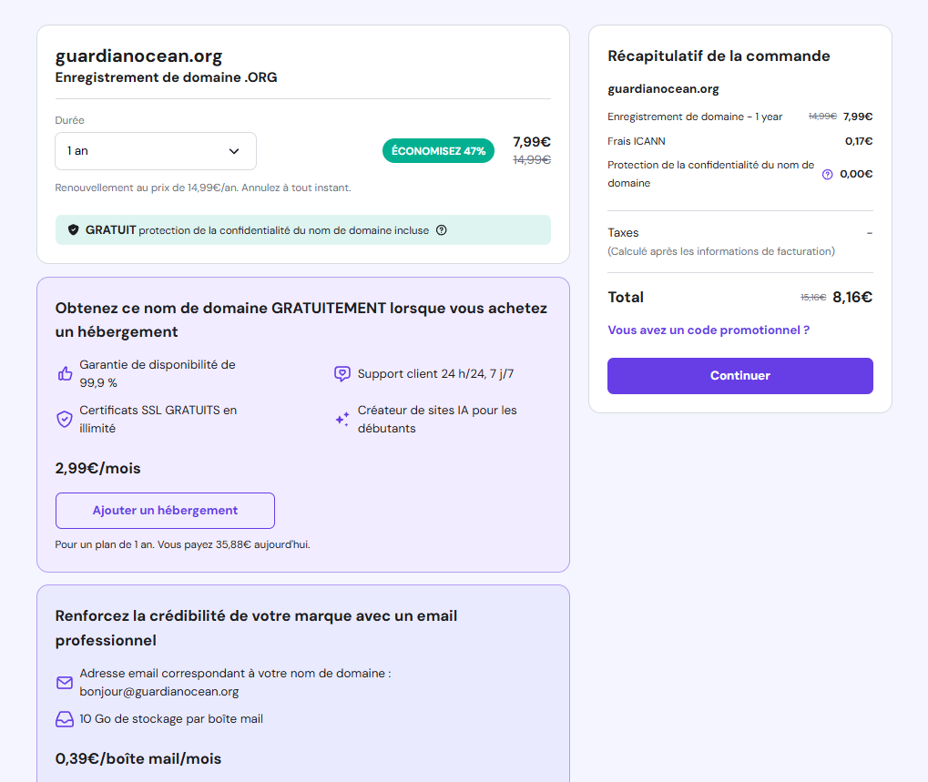 Page de paiement Hostinger, affichant les services supplémentaires à inclure lors de l'achat d'un domaine
