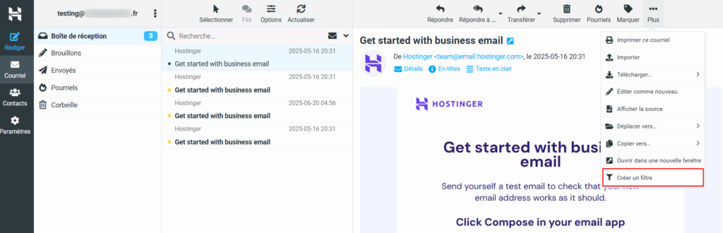 Webmail Hostinger, mettant en avant l'option permettant de créer un filtre