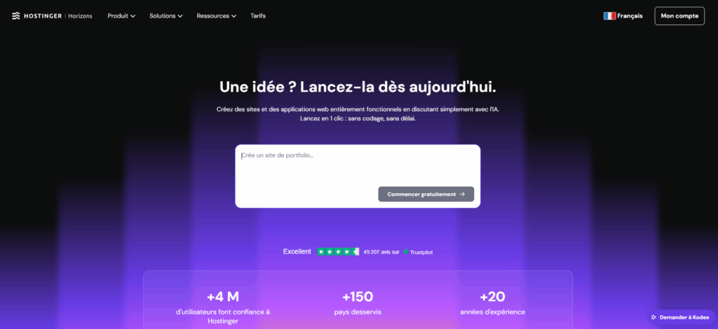 Landing page de Hostinger Horizons