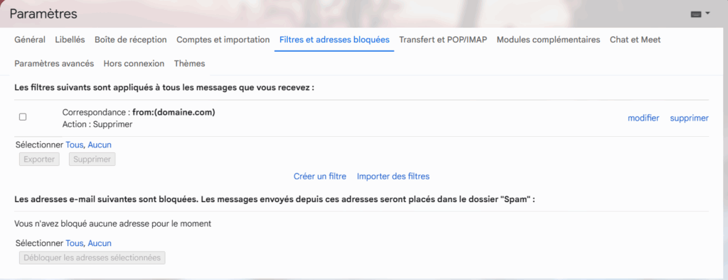 Paramètres Gmail, affichage des filtres et des adresses bloquées