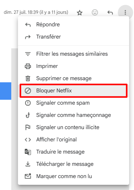 Plus de paramètres dans Gmail, mise en évidence de l'option de blocage