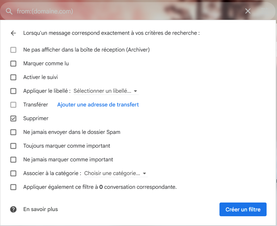Fenêtre de configuration du filtre Gmail