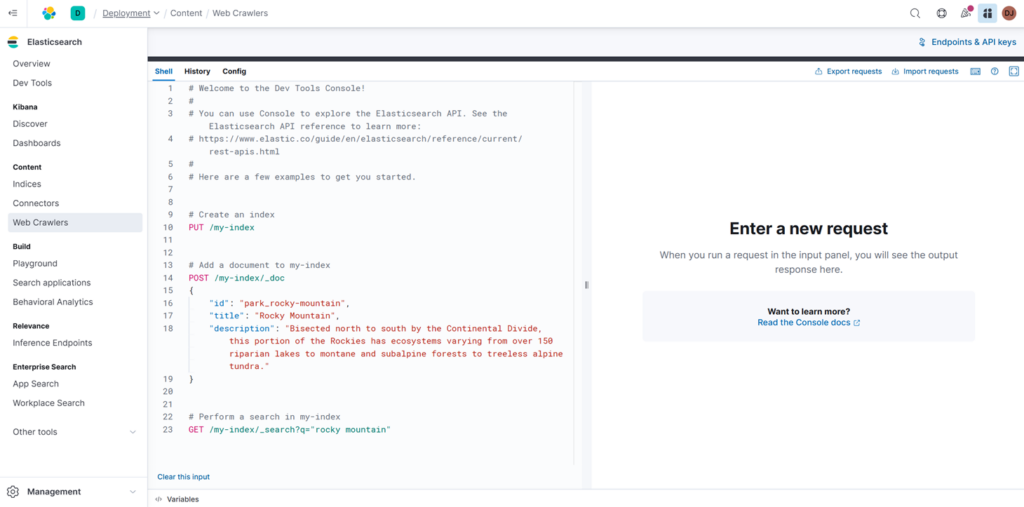 Image affichant l'interface Web Elastic avec le créateur de robot d'indexation ouvert