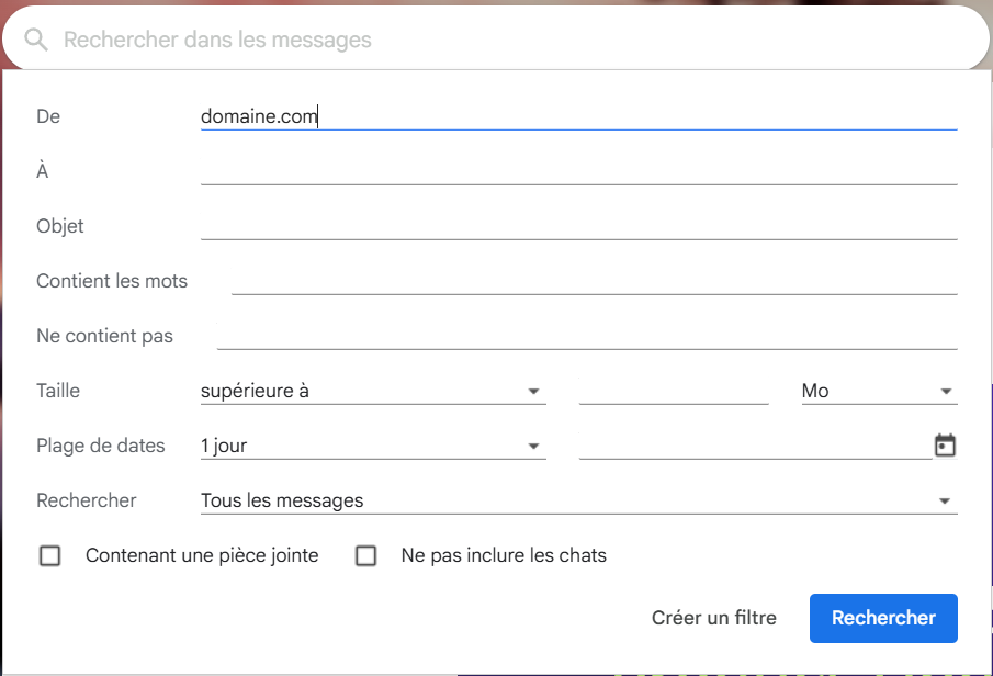 Créer une règle pour filtrer les messages, en mettant en surbrillance le champ permettant d'entrer le nom de domaine ciblé
