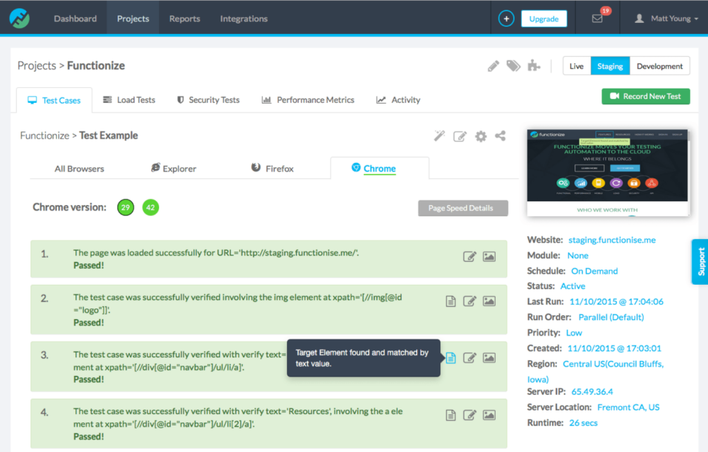 Image affichant le tableau de bord Functionize avec un projet ouvert