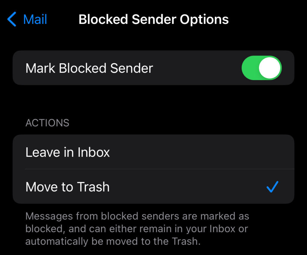 Options d'expéditeur bloqué dans iOS