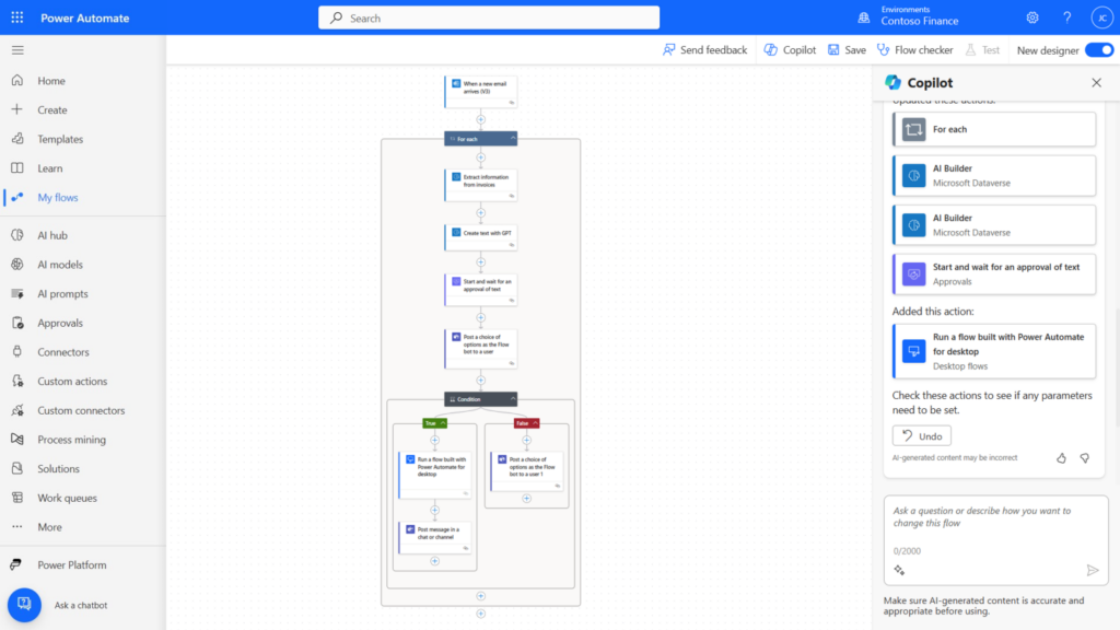Image affichant le tableau de bord MS Power Automate, avec workflow intégré