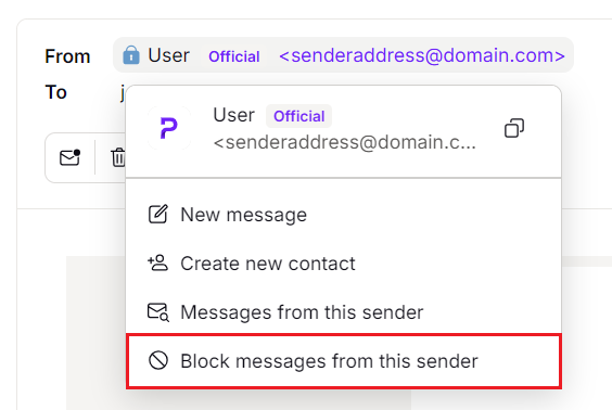 Aperçu des e-mails Proton, avec mise en évidence de l'option de blocage