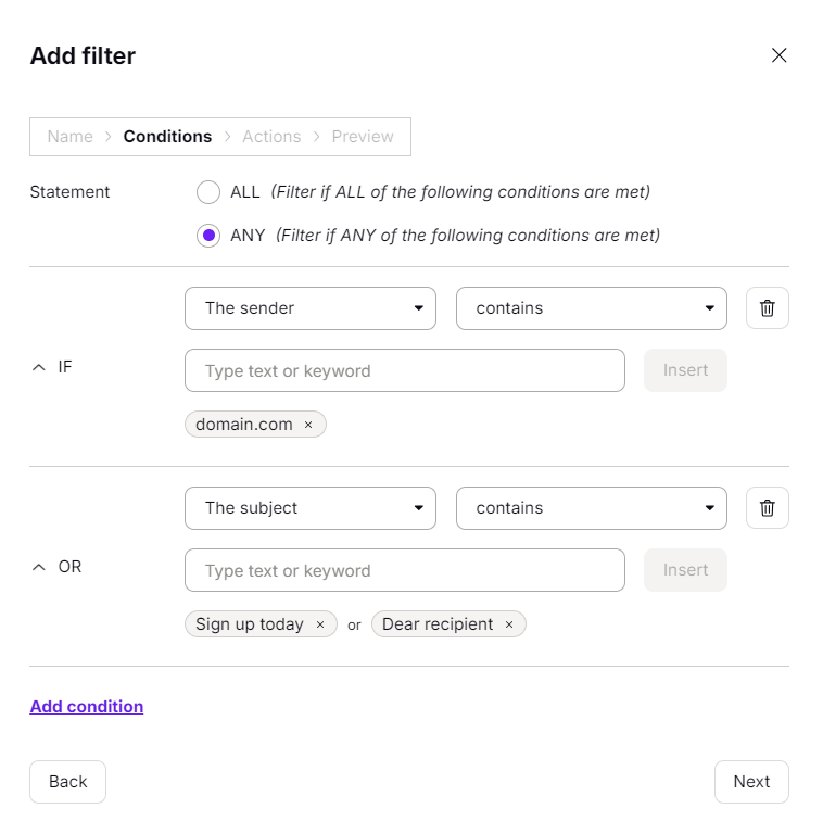 Définition des conditions de filtrage dans Proton