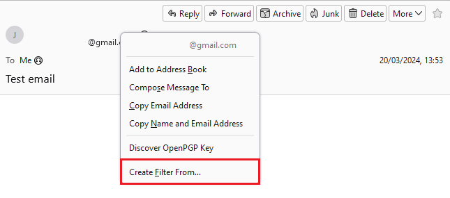 Aperçu des e-mails dans Thunderbird, avec mise en évidence de l'option permettant de créer un filtre