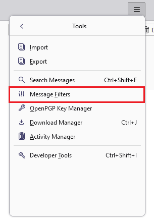 Menu Thunderbird, mettant en évidence la section permettant de gérer les filtres de messages