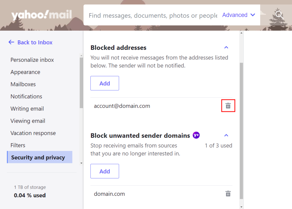 Section Sécurité et confidentialité de Yahoo, mettant en évidence l'icône corbeille