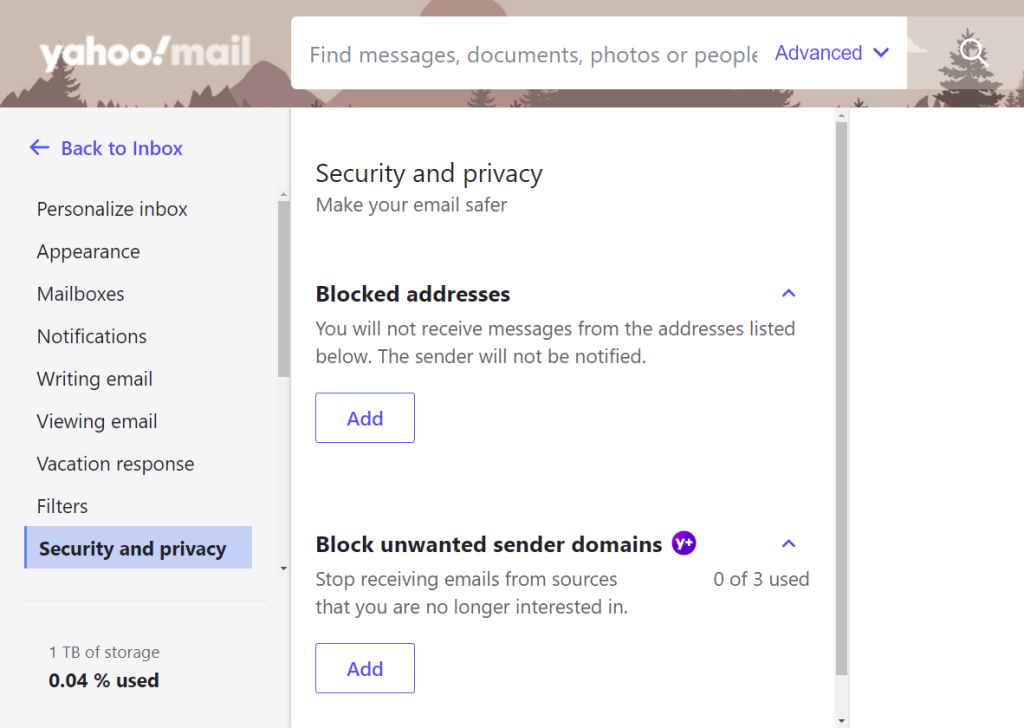 Section sécurité et confidentialité de Yahoo
