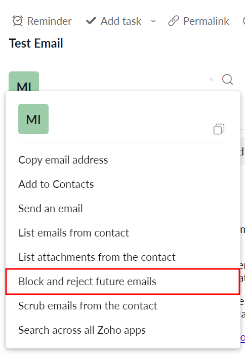 Aperçu des e-mails dans Zoho Mail, mettant en évidence l'option permettant de bloquer un e-mail