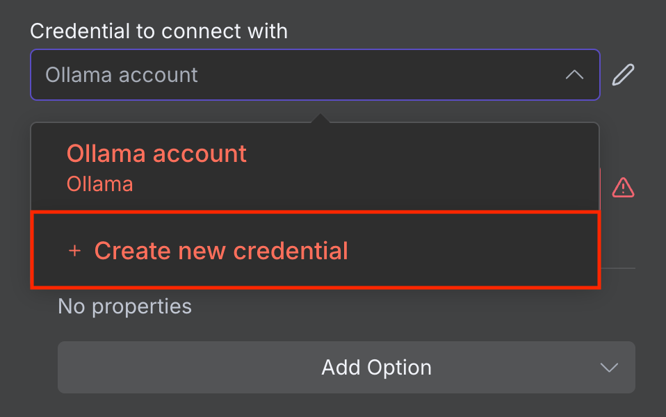 bouton de création de nouveaux identifiants dans le nœud Ollama Chat