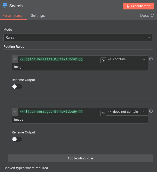 Fenêtre de configuration du nœud Switch de n8n