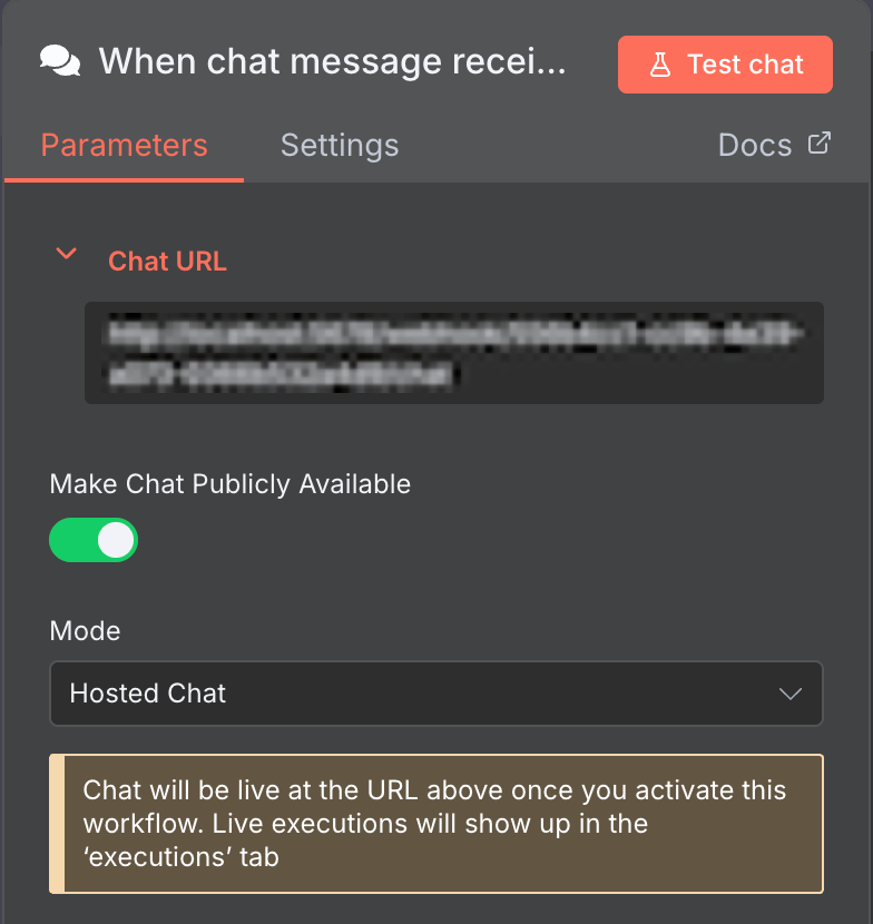 Option basculante “Rendre le chat public” du déclencheur n8n Chat